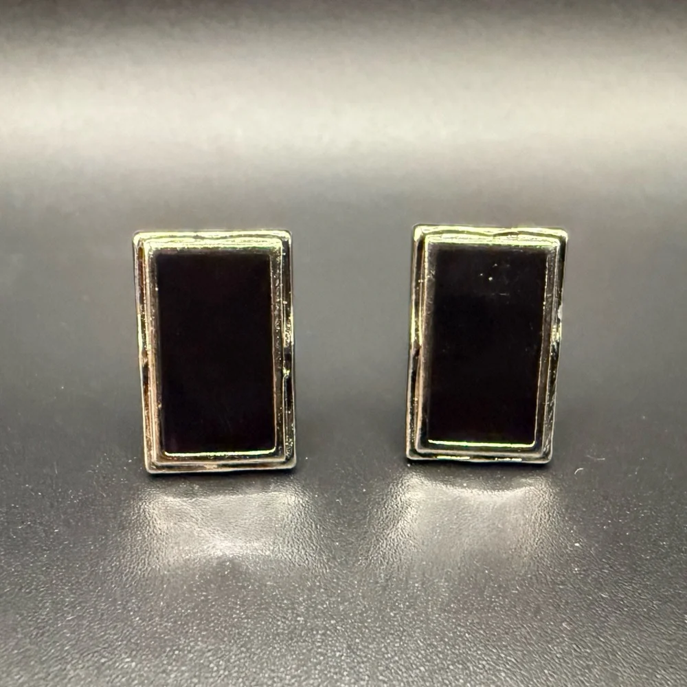 Vintage Pair Silver Tone Black Enamel Cufflinks